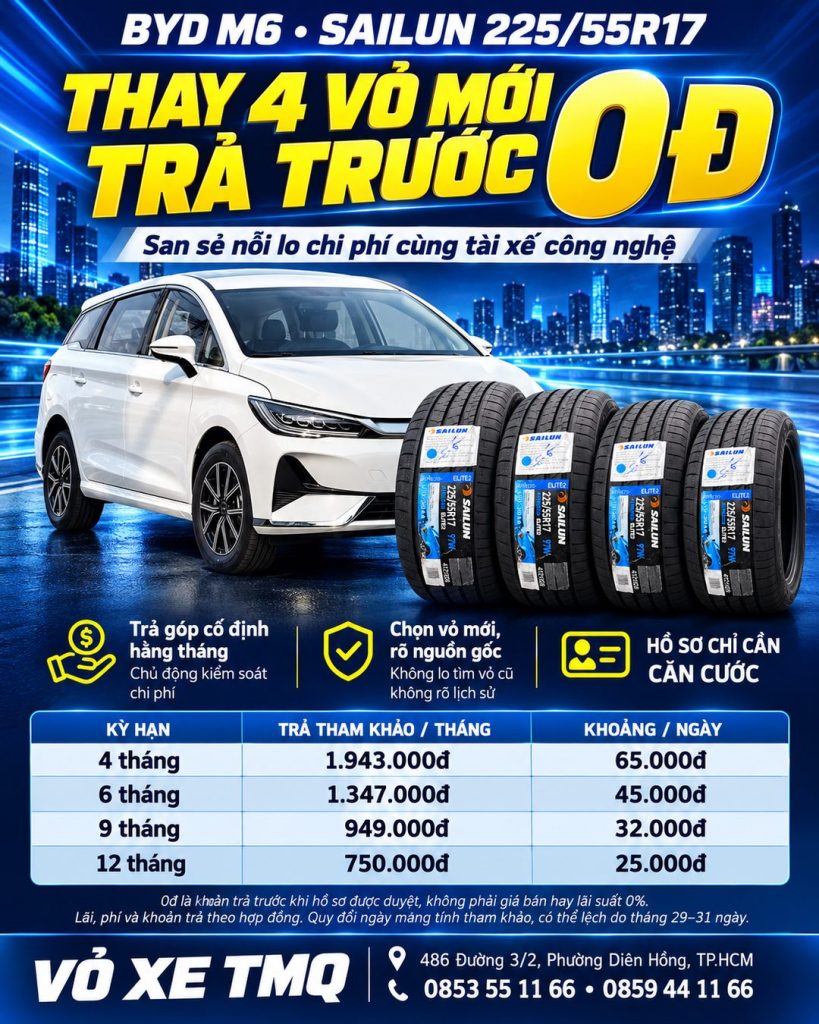 Banner BYD M6 thay 4 vỏ Sailun 225/55R17 trả góp tại TMQ, trả trước 0 đồng khi được duyệt