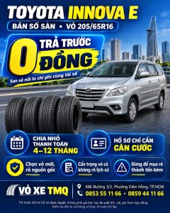 Banner Toyota Innova màu bạc cùng bộ vỏ mới, giới thiệu vỏ 205/65R16 trả góp tại TMQ