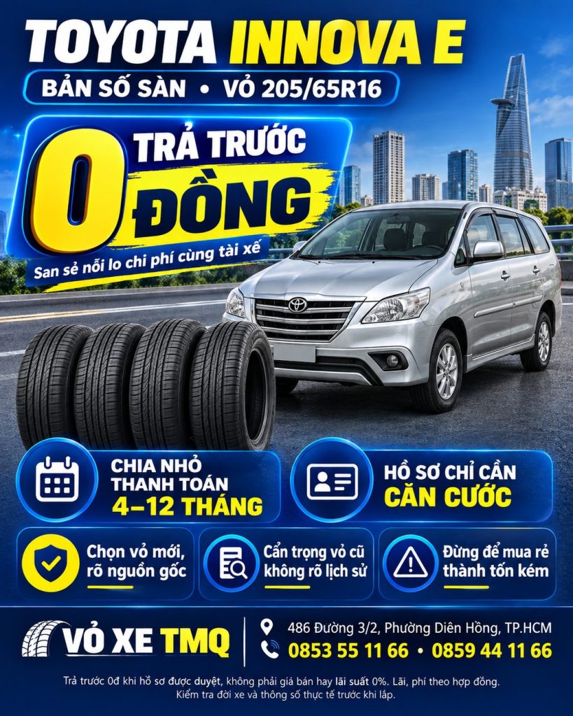 Banner Toyota Innova màu bạc cùng bộ vỏ mới, giới thiệu vỏ 205/65R16 trả góp tại TMQ