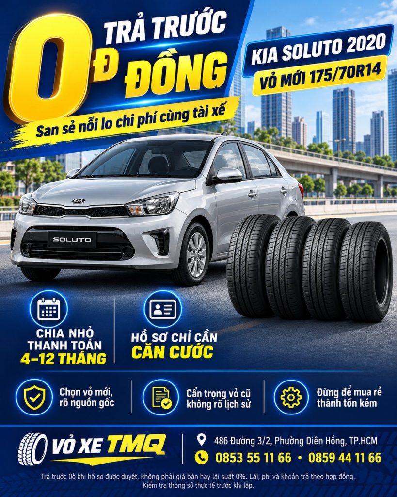 Banner Kia Soluto 2020 màu bạc cùng bộ vỏ mới, giới thiệu size 175/70R14 trả góp tại TMQ