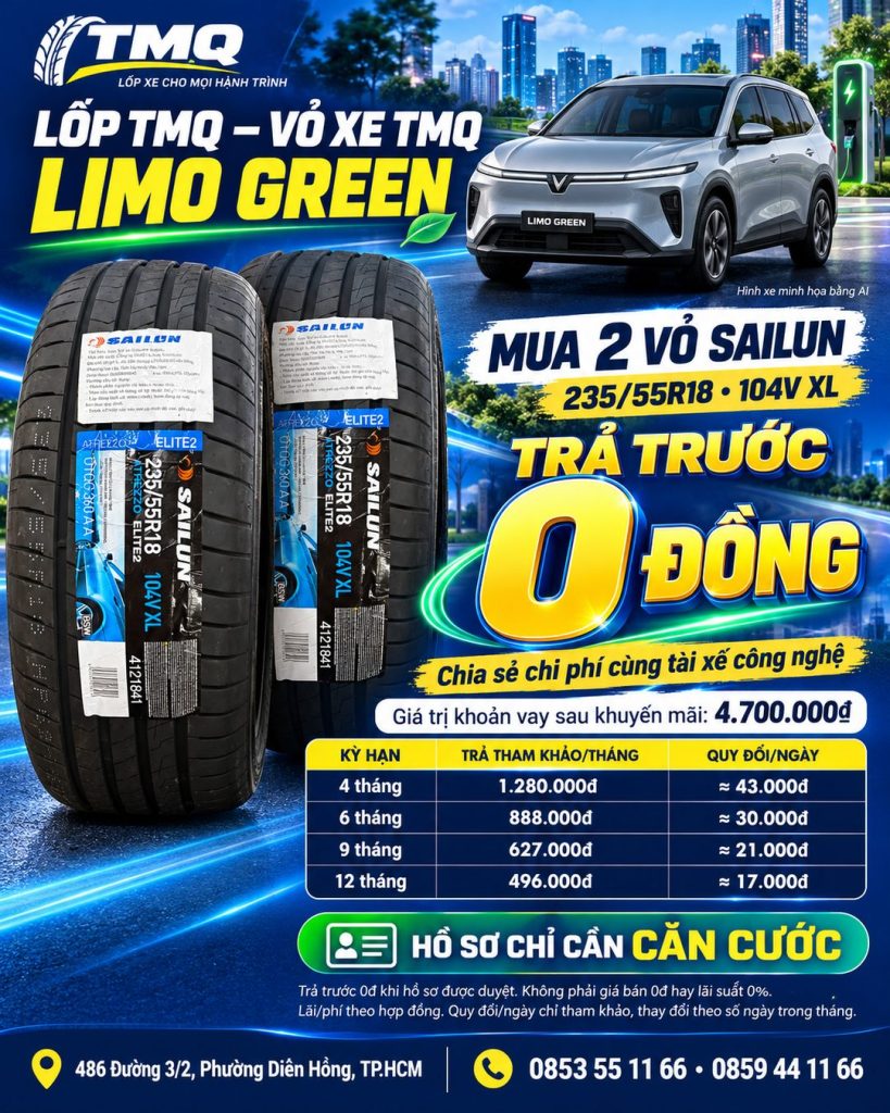 Banner mua 2 vỏ Sailun 235/55R18 cho Limo Green, trả trước 0 đồng khi hồ sơ được duyệt tại TMQ