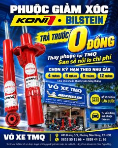 Banner phuộc KONI màu đỏ trước cửa hàng TMQ, giới thiệu chương trình KONI và Bilstein trả góp, trả trước 0 đồng khi được duyệt