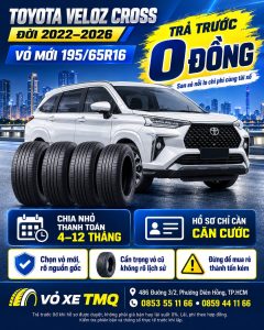 Banner Toyota Veloz Cross màu trắng cùng bộ vỏ mới, giới thiệu vỏ 195/65R16 trả góp tại TMQ