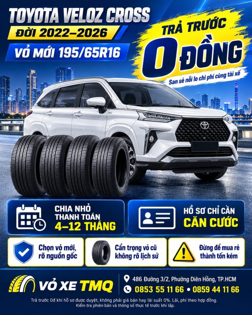 Banner Toyota Veloz Cross màu trắng cùng bộ vỏ mới, giới thiệu vỏ 195/65R16 trả góp tại TMQ