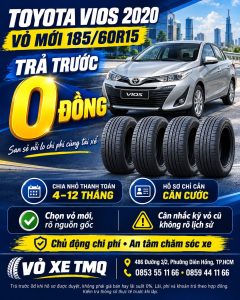 Banner Toyota Vios 2020 màu bạc cùng bộ vỏ mới, giới thiệu size 185/60R15 trả góp tại TMQ