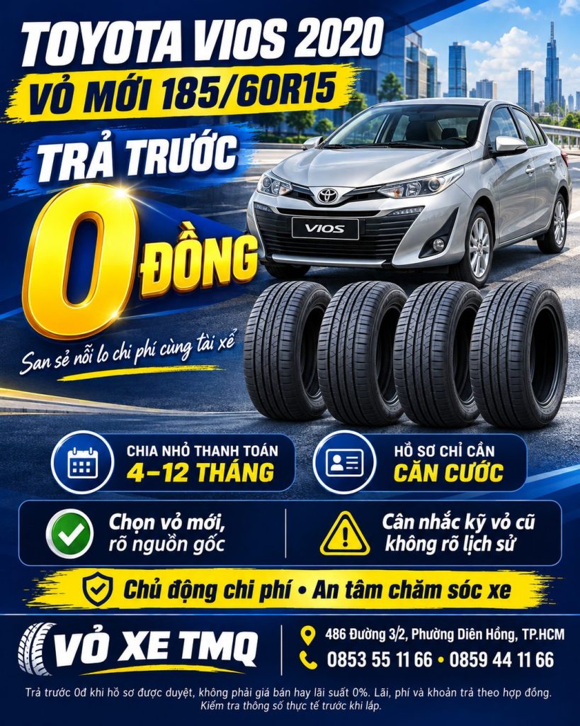 Banner Toyota Vios 2020 màu bạc cùng bộ vỏ mới, giới thiệu size 185/60R15 trả góp tại TMQ