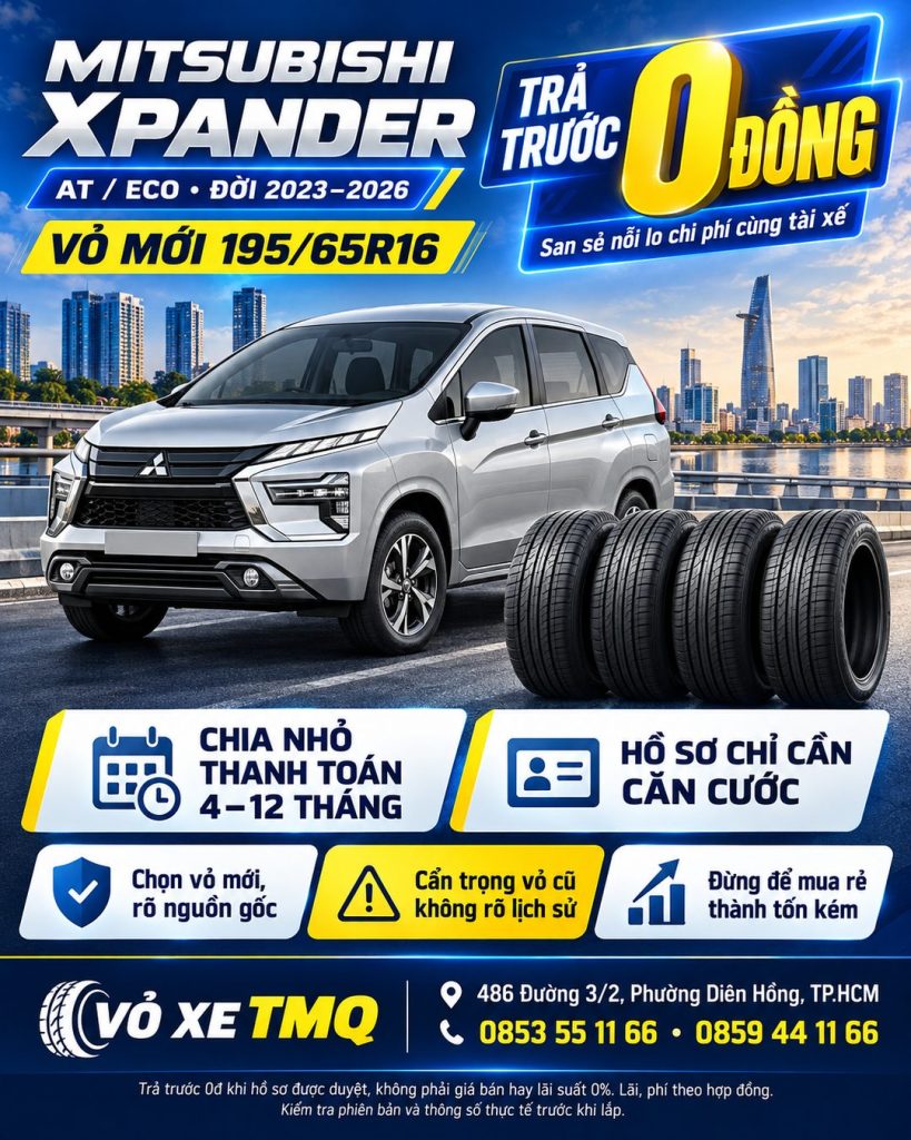 Banner Mitsubishi Xpander màu bạc cùng bộ vỏ mới, giới thiệu vỏ 195/65R16 trả góp tại TMQ