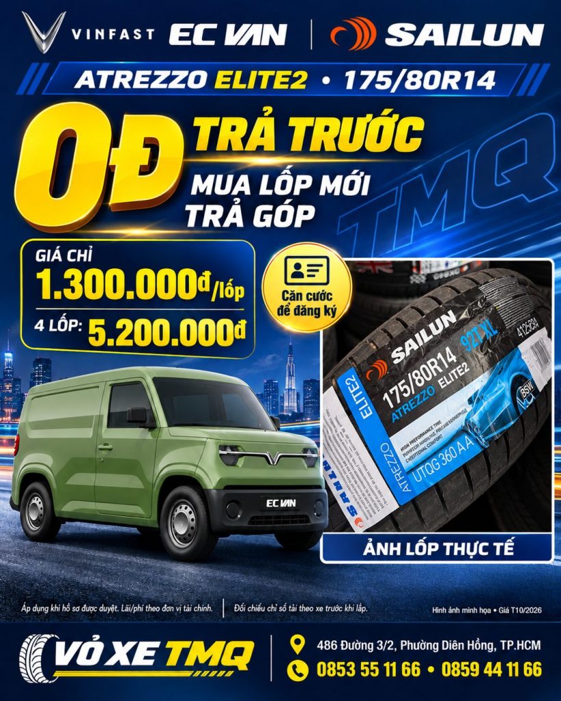 Banner lốp Sailun Atrezzo Elite2 175/80R14 cho VinFast EC Van, giá 1.300.000đ mỗi lốp, mua góp 0 đồng trả trước tại TMQ