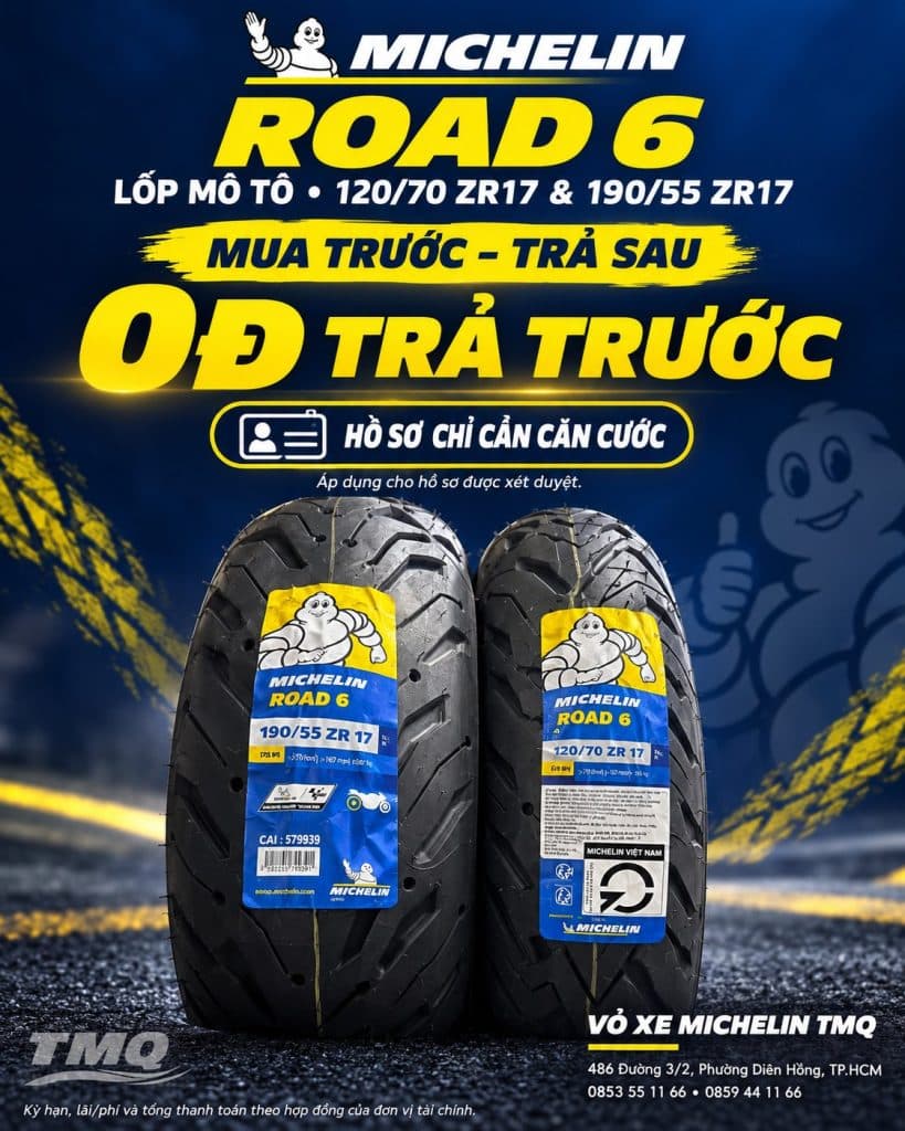 Cặp lốp Michelin Road 6 trước 120/70 ZR17 và sau 190/55 ZR17 tại TMQ