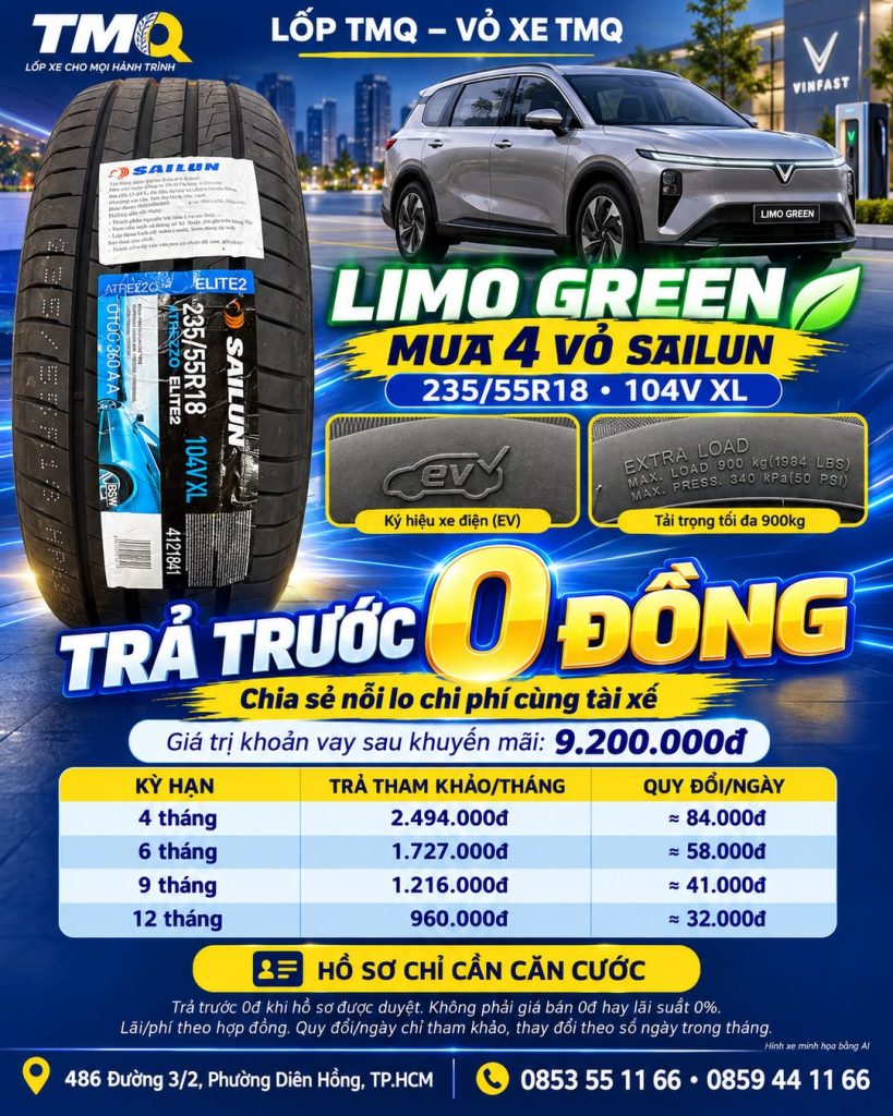 Banner mua 4 vỏ Sailun 235/55R18 cho Limo Green, trả trước 0 đồng khi hồ sơ được duyệt tại TMQ