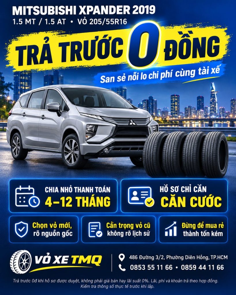 Banner Mitsubishi Xpander 2019 màu bạc cùng bộ vỏ mới, giới thiệu vỏ 205/55R16 trả góp tại TMQ
