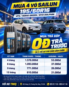 Banner mua 4 vỏ Sailun 195/60R16 tại TMQ, minh họa xe Herio Green và BYD Dolphin
