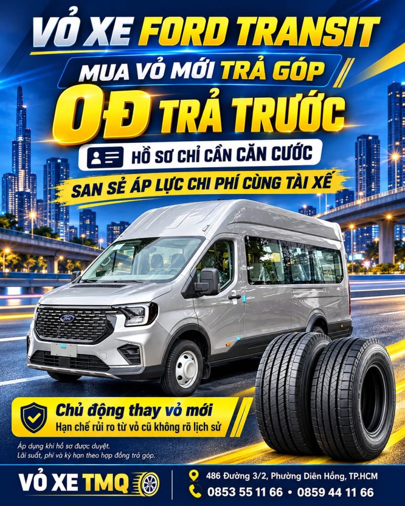 Banner xe Ford Transit màu bạc và chương trình mua vỏ mới trả góp tại TMQ