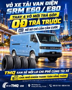 Banner xe van điện SRM màu xanh và chương trình thay 4 vỏ trả góp tại TMQ