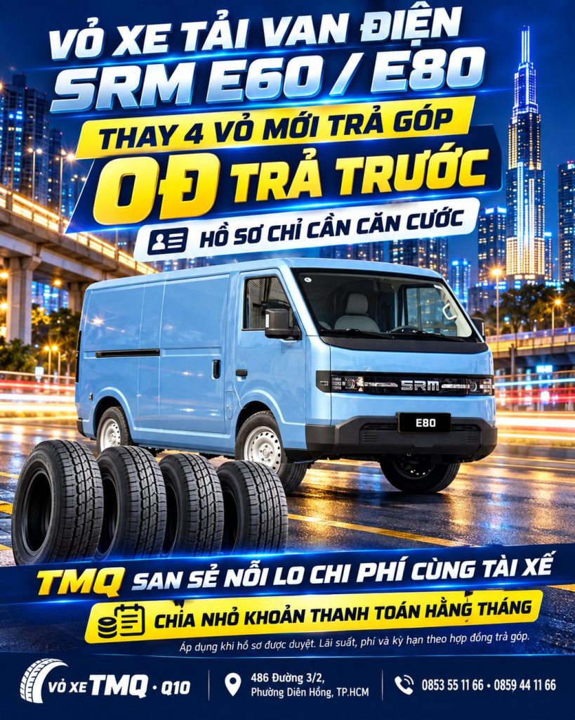 Banner xe van điện SRM màu xanh và chương trình thay 4 vỏ trả góp tại TMQ