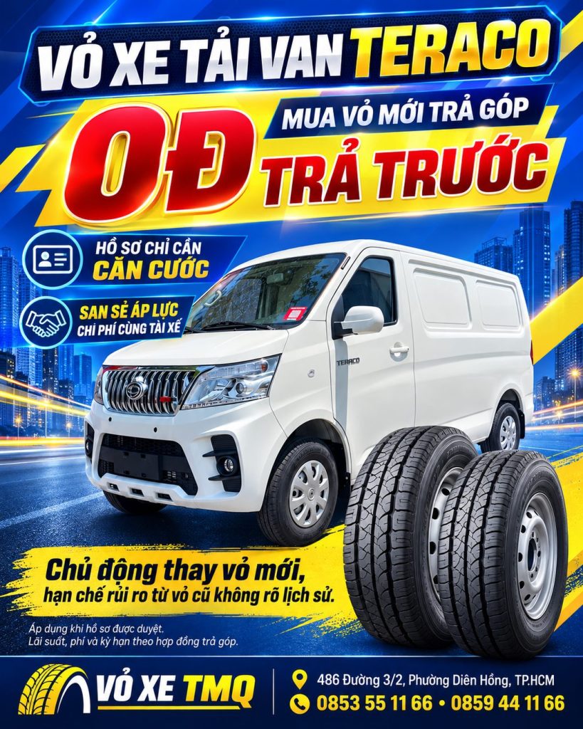 Banner xe tải van Teraco màu trắng và chương trình mua vỏ trả góp tại TMQ, hỗ trợ trả trước 0 đồng