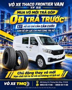 Banner xe Thaco Frontier Van TF 5S màu trắng và chương trình mua vỏ trả góp tại TMQ