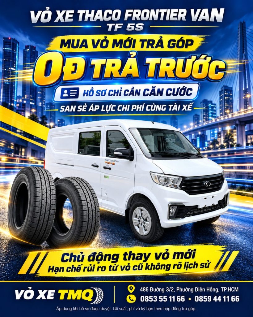 Banner xe Thaco Frontier Van TF 5S màu trắng và chương trình mua vỏ trả góp tại TMQ