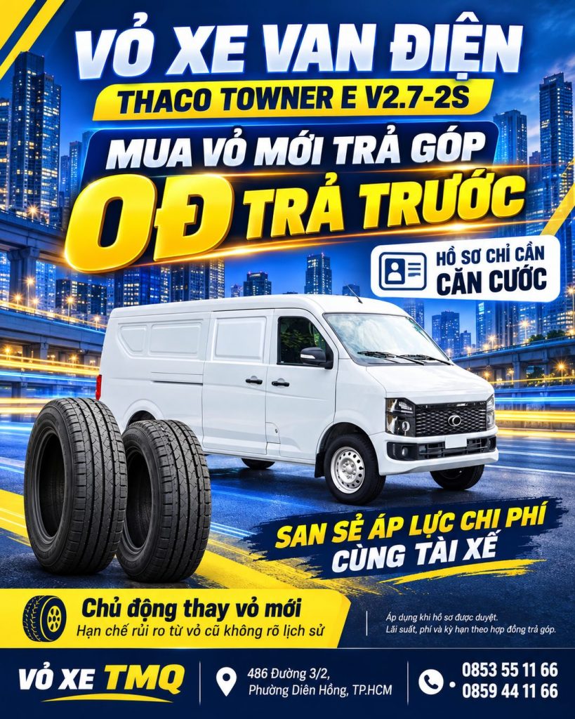 Banner xe van điện Thaco Towner E V2.7-2S màu trắng và chương trình mua vỏ trả góp tại TMQ