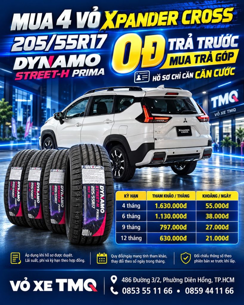 Banner Xpander Cross màu trắng và bộ 4 vỏ Dynamo Street-H Prima 205/55R17 tại TMQ