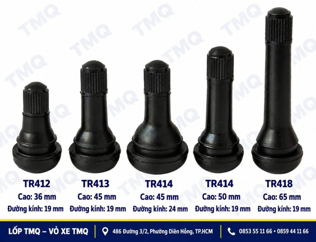 Năm mẫu vòi van cao su TR412, TR413, TR414 và TR418 với kích thước ghi dưới từng mẫu