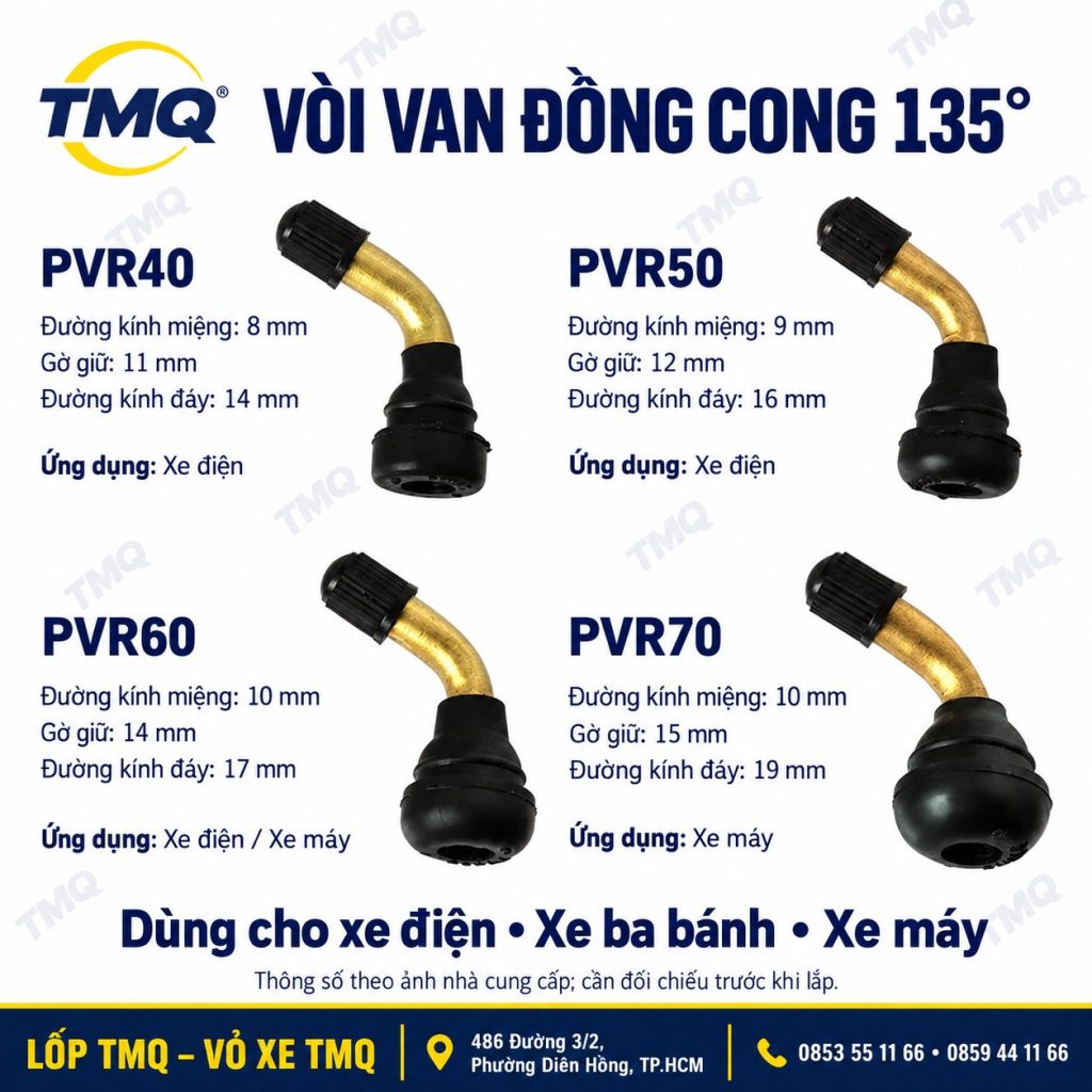 Bốn mẫu vòi van đồng cong 135 độ PVR40, PVR50, PVR60 và PVR70 cùng thông số kích thước