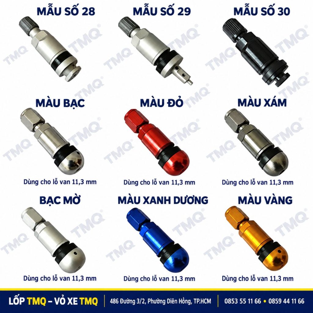 Các mẫu vòi van kim loại số 28, 29, 30 và sáu màu bạc, đỏ, xám, bạc mờ, xanh dương, vàng