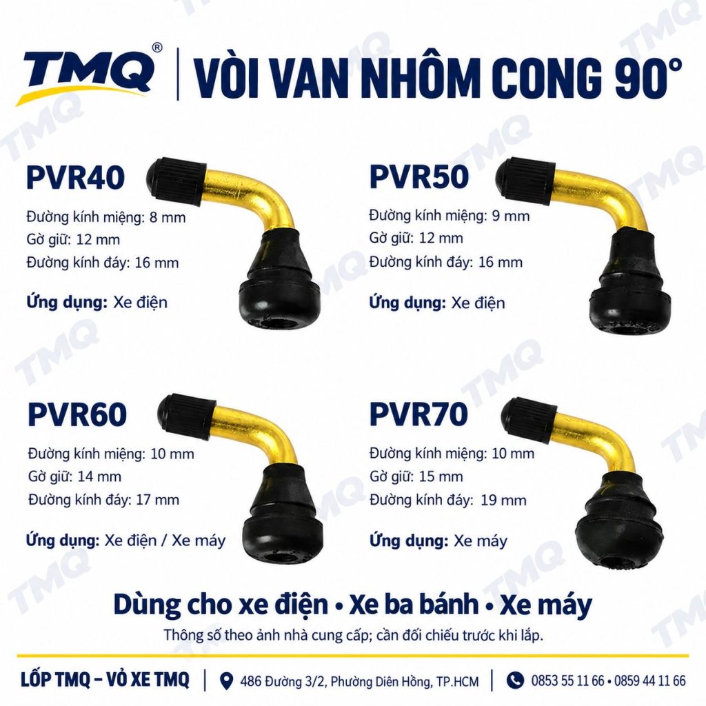 Bốn mẫu vòi van nhôm cong 90 độ PVR40, PVR50, PVR60 và PVR70 cùng kích thước theo ảnh nhà cung cấp