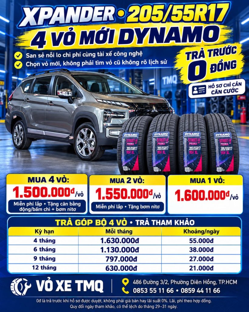 Banner Xpander và 4 vỏ Dynamo 205/55R17 tại TMQ, giới thiệu trả góp với khoản trả trước 0 đồng khi được duyệt